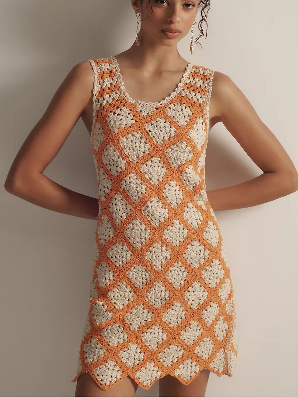 Maeve Orange And Cream Crochet Mini Dress